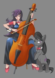 Size: 800x1132 | Tagged: safe, artist:gomigomipomi, character:octavia melody, species:earth pony, species:human, species:pony, bow (instrument), cello, clothing, dress, female, gray background, high heels, human ponidox, humanized, mare, musical instrument, one eye closed, rearing, self ponidox, shoes, simple background, wink