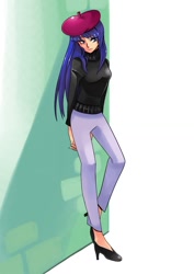 Size: 800x1131 | Tagged: safe, artist:gomigomipomi, character:rarity, species:human, beatnik rarity, beret, clothing, female, hat, high heels, humanized, skinny, solo, sweater, wall