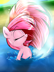 Size: 670x896 | Tagged: safe, artist:madacon, edit, character:pinkie pie, species:earth pony, species:pony, beach, cropped, ear fluff, eyes closed, female, mare, shiny, smiling, solo, splash, swimming, wet, wet mane