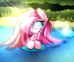 Size: 1200x1000 | Tagged: safe, artist:madacon, character:pinkamena diane pie, character:pinkie pie, crepuscular rays, cute, cuteamena, lake, shiny, solo, swimming, wet mane