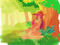 Size: 600x453 | Tagged: safe, artist:gomigomipomi, character:angel bunny, character:fluttershy, species:human, clothing, crepuscular rays, female, forest, hat, humanized, sitting, sleeping, tree