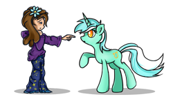Size: 1137x656 | Tagged: safe, artist:flamevulture17, character:lyra heartstrings, species:human, species:pony, species:unicorn, curious, duo, flower, flower in hair, imminent boop, looking at each other, no pupils, raised hoof, simple background, transparent background