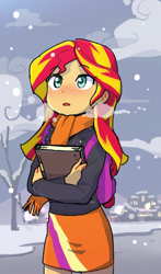 Size: 586x1000 | Tagged: dead source, safe, artist:baekgup, character:sunset shimmer, my little pony:equestria girls, blushing, book, clothing, cute, female, jacket, journey book, moe, scarf, shimmerbetes, skirt, snow, snowfall, solo, winter