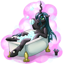 Size: 1280x1248 | Tagged: safe, artist:nothingspecialx9, character:queen chrysalis, species:changeling, bath, bathing, bathtub, bubble, bubble bath, changeling queen, claw foot bathtub, female, mundane utility, solo
