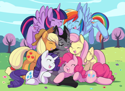 Size: 950x695 | Tagged: safe, artist:ende26, character:applejack, character:fluttershy, character:pinkie pie, character:rainbow dash, character:rarity, character:twilight sparkle, character:twilight sparkle (alicorn), non-mlp oc, oc, species:alicorn, species:pony, blushing, crying, eyes closed, female, group hug, happy, hug, mane six, mare, non-pony oc, open mouth, smiling