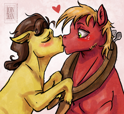 Size: 1502x1390 | Tagged: safe, artist:arainmorn, character:big mcintosh, character:caramel, species:earth pony, species:pony, ship:caramac, blushing, gay, kissing, male, shipping, stallion