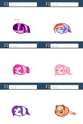 Size: 1600x2400 | Tagged: safe, artist:pekou, character:applejack, character:fluttershy, character:pinkamena diane pie, character:pinkie pie, character:rainbow dash, character:rarity, character:twilight sparkle, ask my little chubbies, chubbie, ..., :3, :<, angry, ask, bangs, blushing, covering eyes, cute, derp, dripping, frown, funny, hair over eyes, happy, hidden eyes, hilarious in hindsight, mane six, sad, silly, smiling, spread wings, text, tumblr, wet, wet mane, wet mane rarity, wings, worried