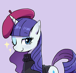Size: 677x655 | Tagged: safe, artist:baekgup, character:rarity, species:pony, species:unicorn, beatnik rarity, beret, clothing, cute, female, hat, mare, purple background, raribetes, simple background, solo, sparkles, sweater, wink