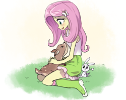 Size: 900x715 | Tagged: safe, artist:baekgup, character:angel bunny, character:fluttershy, species:deer, my little pony:equestria girls, clothing, fawn, sleeveless, tank top
