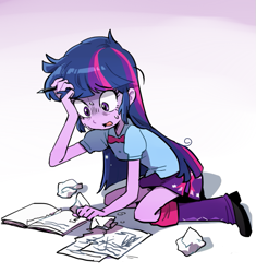 Size: 657x700 | Tagged: safe, artist:baekgup, character:twilight sparkle, my little pony:equestria girls, book, boots, clothing, crumpled, female, kneeling, leg warmers, messy mane, nervous, notebook, paper, pencil, pleated skirt, shoes, skirt, solo, stressed, sweat, twilight snapple