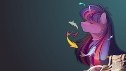 Size: 1920x1080 | Tagged: safe, artist:antiander, artist:shawnyall, character:twilight sparkle, eyes closed, fish, solo, wallpaper