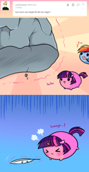 Size: 502x973 | Tagged: safe, artist:pekou, character:rainbow dash, character:twilight sparkle, ask my little chubbies, chubbie, :3, :<, ask, boulder, comic, eyes closed, feather, magic, open mouth, surprised, sweat, telekinesis, tumblr