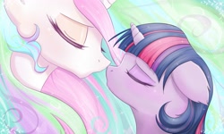 Size: 3500x2100 | Tagged: safe, artist:magnaluna, character:princess celestia, character:twilight sparkle, character:twilight sparkle (alicorn), species:alicorn, species:pony, ship:twilestia, abstract background, ethereal mane, eyes closed, female, floppy ears, galaxy mane, horn, lesbian, mare, nose kiss, shipping