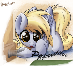 Size: 1900x1700 | Tagged: safe, artist:bugplayer, character:derpy hooves, species:pegasus, species:pony, :o, behaving like a cat, bugplayer is trying to murder us, curious, cute, derpabetes, doorstop, eyes on the prize, female, mare, open mouth, playing, solo, underp
