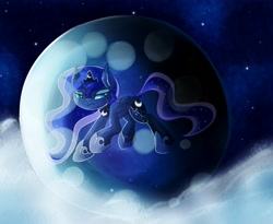 Size: 4200x3437 | Tagged: safe, artist:magnaluna, character:princess luna, species:alicorn, species:pony, abstract background, crown, ear fluff, ethereal mane, female, galaxy mane, jewelry, mare, moon, night, regalia, solo, stars