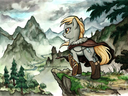 Size: 1800x1350 | Tagged: safe, artist:dracontiar, character:derpy hooves, species:pegasus, species:pony, cloak, clothing, crossover, epic derpy, female, mare, mountain, scenery, scenery porn, skyrim, solo, the elder scrolls, traditional art, windswept mane