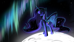 Size: 4800x2700 | Tagged: safe, artist:flamevulture17, character:princess luna, absurd resolution, aurora borealis, moon, raised hoof, solo, space, wallpaper