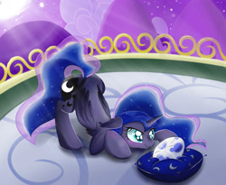 Size: 2706x2214 | Tagged: safe, artist:magnaluna, character:princess luna, species:alicorn, species:pony, balcony, blushing, crepuscular rays, dragon egg, egg, female, floppy ears, hatching, heart eyes, mare, moon, night, pillow, solo, wingding eyes