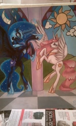 Size: 600x1002 | Tagged: safe, artist:rizcifra, character:nightmare moon, character:princess celestia, character:princess luna, traditional art