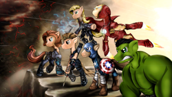 Size: 4800x2700 | Tagged: safe, artist:flamevulture17, avengers, black widow (marvel), captain america, captain equestria, hawkeye, iron man, ponified, the incredible hulk, thor