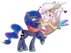 Size: 3325x2494 | Tagged: safe, artist:magnaluna, character:discord, character:princess luna, oc:eris, species:alicorn, species:pony, ship:lunacord, adoreris, blushing, cute, fangs, female, half r63 shipping, horn, lesbian, mare, not sure if want, open mouth, raised hoof, rule 63, rule63betes, shipping, simple background, transparent background, unamused