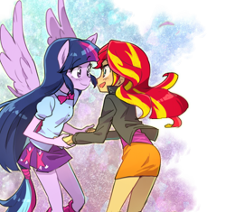 Size: 600x565 | Tagged: dead source, safe, artist:baekgup, character:sunset shimmer, character:twilight sparkle, character:twilight sparkle (alicorn), species:alicorn, ship:sunsetsparkle, equestria girls:rainbow rocks, g4, my little pony:equestria girls, aura, blushing, boop, clothing, cute, eye contact, female, holding hands, imminent boop, imminent kissing, imminent noseboop, lesbian, looking at each other, noseboop, open mouth, ponied up, pony ears, shimmerbetes, shipping, simple background, skirt, smiling, sparkles, spread wings, tail, transparent background, twiabetes, wings