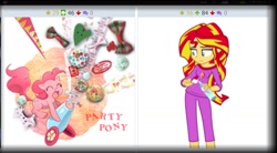 Size: 1257x694 | Tagged: safe, artist:quizia, artist:zuko42, character:pinkie pie, character:sunset shimmer, derpibooru, equestria girls:rainbow rocks, g4, my little pony:equestria girls, bow, buttons, clothing, collage, exploitable meme, juxtaposition, juxtaposition win, meme, meta, off shoulder, pajamas, party cannon, smiling, whipped cream
