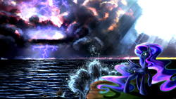 Size: 4800x2700 | Tagged: safe, artist:flamevulture17, character:princess luna, cloud, cloudy, crepuscular rays, lightning, ocean, solo, wave