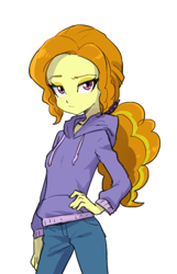 Size: 450x700 | Tagged: dead source, safe, artist:baekgup, character:adagio dazzle, my little pony:equestria girls, alternate hairstyle, clothing, cute, female, hand on hip, hand on waist, hoodie, jeans, looking at you, pants, ponytail, simple background, solo, sweater, white background