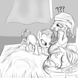 Size: 1000x1000 | Tagged: safe, artist:mlpanon, character:cookie crumbles, character:hondo flanks, character:rarity, ship:cookieflanks, bed, bedazzled, cute, filly, monochrome, prank, shipping, sleeping, younger