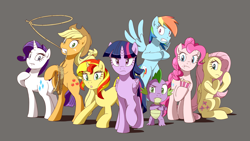 Size: 1920x1080 | Tagged: safe, artist:deannart, character:applejack, character:fluttershy, character:pinkie pie, character:rainbow dash, character:rarity, character:spike, character:sunset shimmer, character:twilight sparkle, character:twilight sparkle (alicorn), species:alicorn, species:dragon, species:earth pony, species:pegasus, species:pony, species:unicorn, g4, action pose, alternate mane seven, angry, badass, cupcake, female, flutterbadass, gray background, mane seven, mane six, mare, profile, rope, simple background, three quarter view, wallpaper