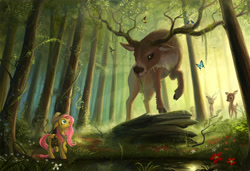 Size: 4128x2824 | Tagged: safe, artist:devinian, character:fluttershy, species:bird, species:deer, species:pegasus, species:pony, animal, beautiful, branches for antlers, butterfly, clothing, explorer outfit, fawn, female, floppy ears, forest, hat, irish elk, looking up, mare, open mouth, raised hoof, scenery, scenery porn, shirt, shocked, size difference, stag, wide eyes