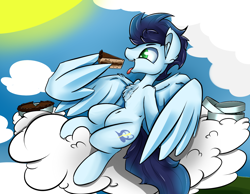 Size: 1800x1400 | Tagged: safe, artist:madacon, character:soarin', backwards cutie mark, belly button, cake, chest fluff, cloud, cloudy, cute, ear fluff, eating, on back, open mouth, pie, pie tin, sitting, sky, smiling, soarinbetes, solo, spread wings, sun, that pony sure does love pies, this will end in weight gain, tongue out, wing hands, wings