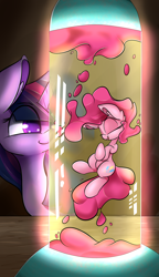 Size: 2300x4000 | Tagged: safe, artist:madacon, character:pinkie pie, character:twilight sparkle, duo, eyes closed, glow, lava lamp, lava lamp pony, open mouth, smiling, surreal