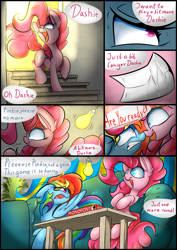 Size: 1700x2400 | Tagged: safe, artist:madacon, character:pinkie pie, character:rainbow dash, fanfic:cupcakes, bait and switch, board game, comic, couch, ear fluff, fangs, monopoly, mood whiplash, shrunken pupils, stairs, table