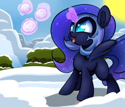Size: 1400x1200 | Tagged: safe, artist:madacon, character:nightmare moon, character:princess luna, species:alicorn, species:pony, blank flank, blep, chest fluff, cute, ear fluff, fangs, filly, glare, leg fluff, levitation, lunabetes, magic, mountain, nightmare mlem, nightmare woon, pose, smiling, smirk, snow, snowball, snowball fight, solo, spread wings, sun, telekinesis, tongue out, tree, wings, winter