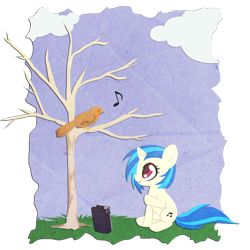 Size: 750x750 | Tagged: safe, artist:rizcifra, character:dj pon-3, character:vinyl scratch, species:bird, species:pony, species:unicorn, bare tree, cloud, cloudy, female, filly, music notes, sitting, solo, tree