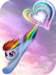 Size: 525x700 | Tagged: safe, artist:rizcifra, character:rainbow dash, species:pegasus, species:pony, g4, my little pony: friendship is magic, action pose, female, flying, heart, mare, solo, sonic rainboom