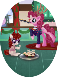 Size: 800x1050 | Tagged: safe, artist:rizcifra, character:pinkie pie, character:twist, species:earth pony, species:pony, antlers, cake, candy, candy cane, christmas, clothing, cupcake, duo, fake antlers, female, filly, food, glasses, mare, mouth hold, red nose, sugar cane
