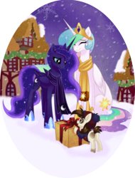 Size: 800x1050 | Tagged: safe, artist:rizcifra, character:pipsqueak, character:princess celestia, character:princess luna, species:alicorn, species:earth pony, species:pony, ship:lunapip, episode:hearth's warming eve, g4, my little pony: friendship is magic, christmas, clothing, colt, eyes closed, female, hat, male, mare, present, scarf, shipping, snow, snowfall, straight, sweet, trio