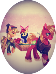 Size: 800x1050 | Tagged: safe, artist:rizcifra, character:apple bloom, character:applejack, character:big mcintosh, species:earth pony, species:pony, clothing, female, filly, male, mare, pulling, scarf, sled, stallion