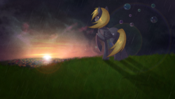 Size: 1920x1080 | Tagged: safe, artist:rizcifra, character:derpy hooves, species:pegasus, species:pony, bubble, epic derpy, female, lens flare, mare, ponyville, rain, raised hoof, scenery, solo, sunset, wallpaper, windswept mane