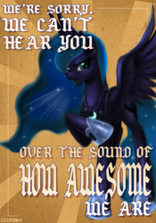 Size: 700x1000 | Tagged: safe, artist:rizcifra, character:princess luna, species:alicorn, species:pony, abstract background, blackletter, caption, female, mare, poster, raised hoof, solo, traditional royal canterlot voice