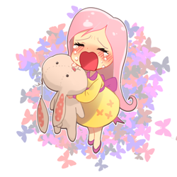 Size: 800x800 | Tagged: safe, artist:quizia, character:fluttershy, species:human, species:rabbit, blushing, child, clothing, crying, cute, dress, female, humanized, open mouth, plushie, quizia is trying to murder us, sad, sadorable, shyabetes, solo, torn