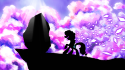 Size: 4800x2700 | Tagged: safe, artist:flamevulture17, character:rarity, species:pony, species:unicorn, cloud, cloudy, crepuscular rays, female, mare, raised hoof, rock, silhouette, solo