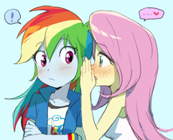 Size: 499x405 | Tagged: dead source, safe, artist:baekgup, character:fluttershy, character:rainbow dash, ship:flutterdash, my little pony:equestria girls, blushing, clothing, confession, exclamation point, female, heart, lesbian, shipping, sleeveless, surprised, tank top, whispering, wide eyes