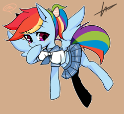 Size: 1391x1279 | Tagged: safe, artist:lessue, character:rainbow dash, alternate hairstyle, belly button, blushing, bow, clothing, cute, dashabetes, dialogue, hair bow, midriff, miniskirt, pleated skirt, ponytail, school uniform, signature, skirt, solo, speech bubble