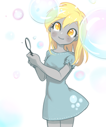 Size: 1000x1200 | Tagged: safe, artist:quizia, character:derpy hooves, g4, my little pony:equestria girls, blushing, bubble, clothing, colored eyebrows, colored pupils, cute, derpabetes, dress, eyebrows, eyebrows visible through hair, female, full face view, looking at you, quizia is trying to murder us, simple background, skirt, smiling, solo, white background