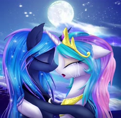 Size: 4600x4500 | Tagged: safe, artist:magnaluna, character:princess celestia, character:princess luna, species:alicorn, species:pony, abstract background, absurd resolution, crying, eyes closed, female, hug, mare, moon, night, night sky, sisters, stars