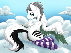 Size: 4000x3000 | Tagged: safe, artist:nothingspecialx9, oc, oc only, oc:kaouk, species:pegasus, species:pony, butt, clothing, cloud, cloudy, colored wings, colored wingtips, featureless crotch, raised tail, socks, solo, striped socks, wingboner, wings